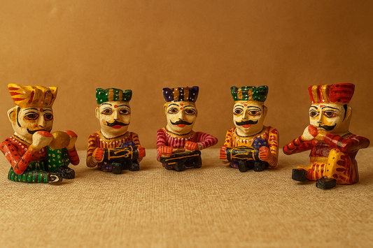 Handcrafted Rajasthani Wooden Musician Set – Colorful Folk Art Home Decor – Indian Cultural Figurines