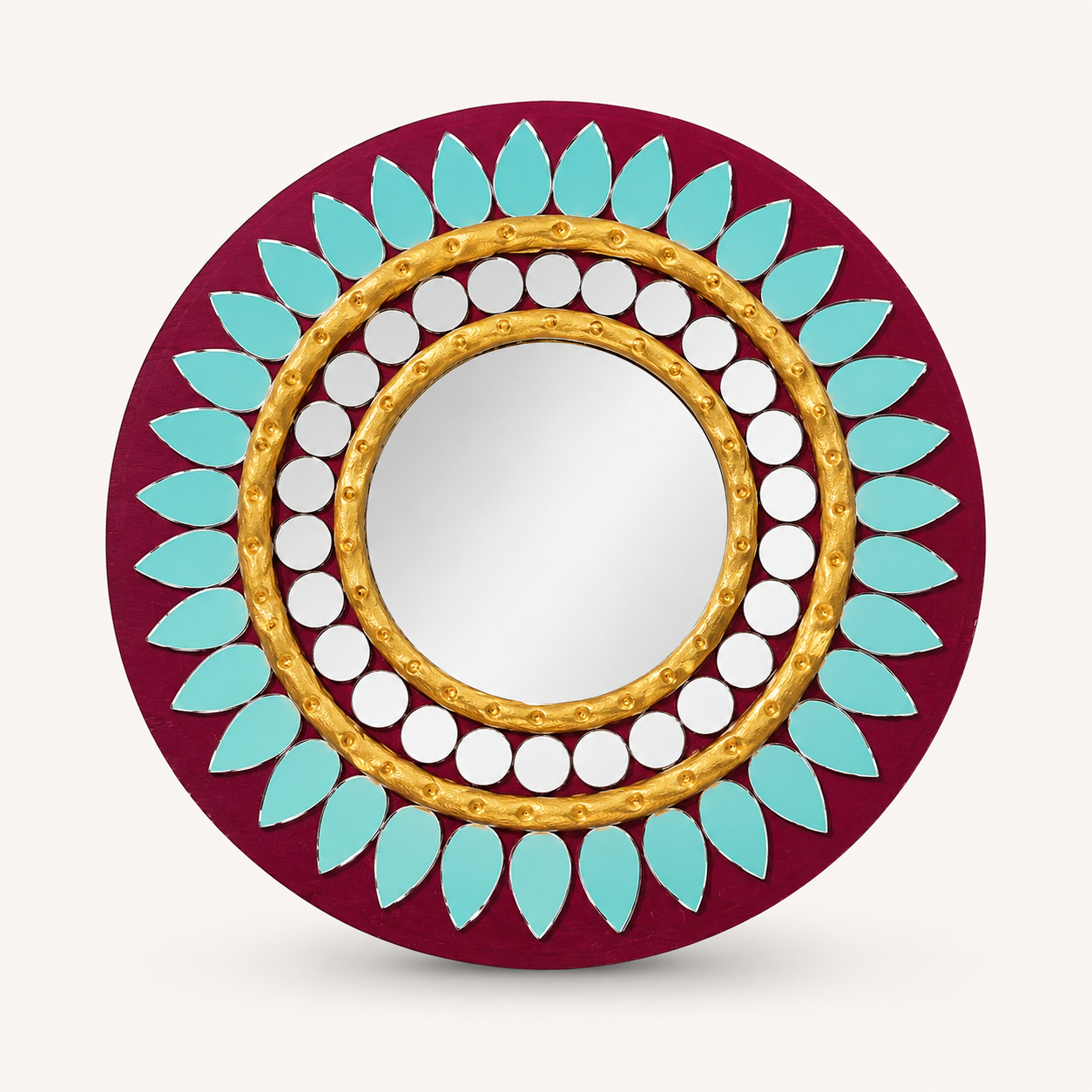 Handcrafted Regal Burgundy & Gold Lippan Art Mirror (6-Inch MDF Base) – Traditional Mud & Mirror Work Wall Accent