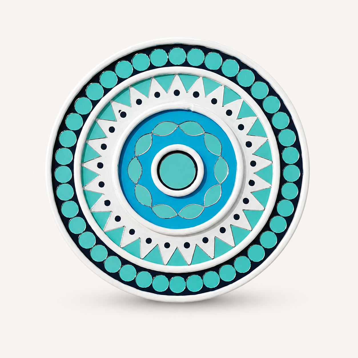 Handcrafted Coastal Sky Blue Mandala Lippan Art (6-Inch MDF Base) – Premium Turquoise Mud & Mirror Work Wall Hanging
