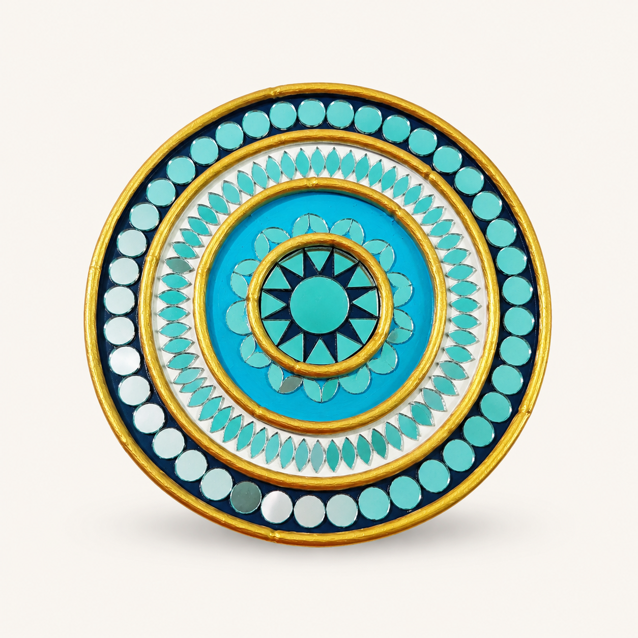 Handcrafted Ocean Turquoise Mandala Lippan Art (6-Inch MDF Base) – Premium Blue & Gold Mud-Mirror Work Wall Hanging