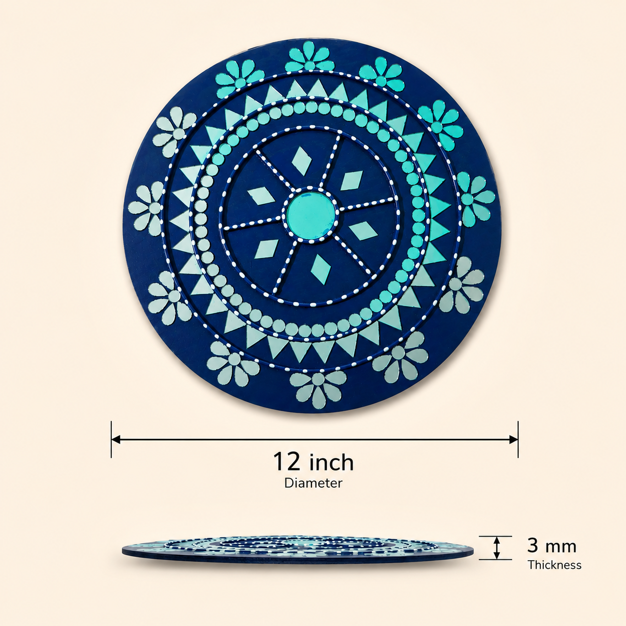 Handcrafted Royal Blue & Turquoise Mandala Lippan Art Wall Mirror (12-Inch MDF Base) – Traditional Mud & Mirror Work Hanging