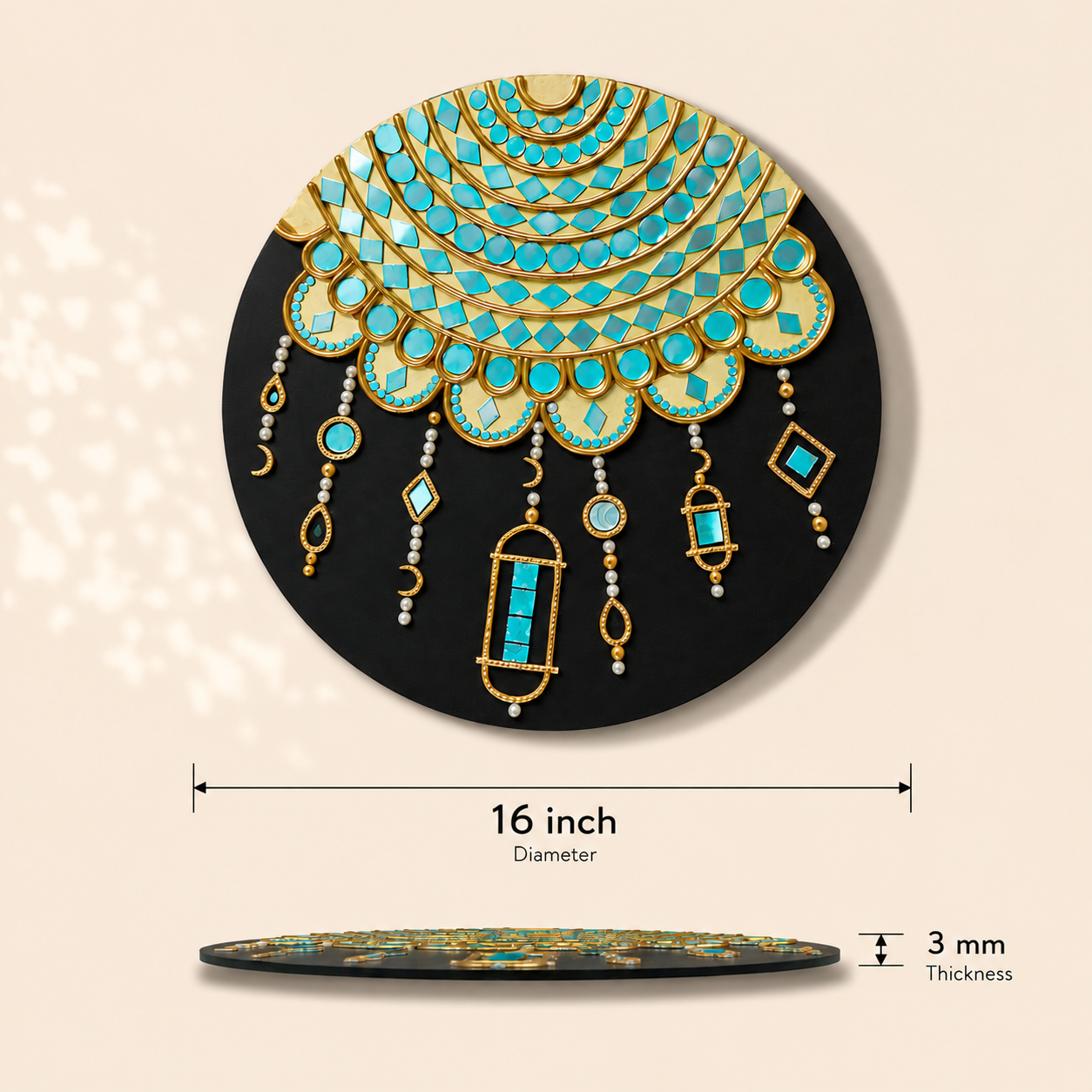 Handcrafted Luxury Jharokha Archway Lippan Art Wall Hanging (16-Inch MDF Base) – Premium Gold & Turquoise Mud-Mirror Work