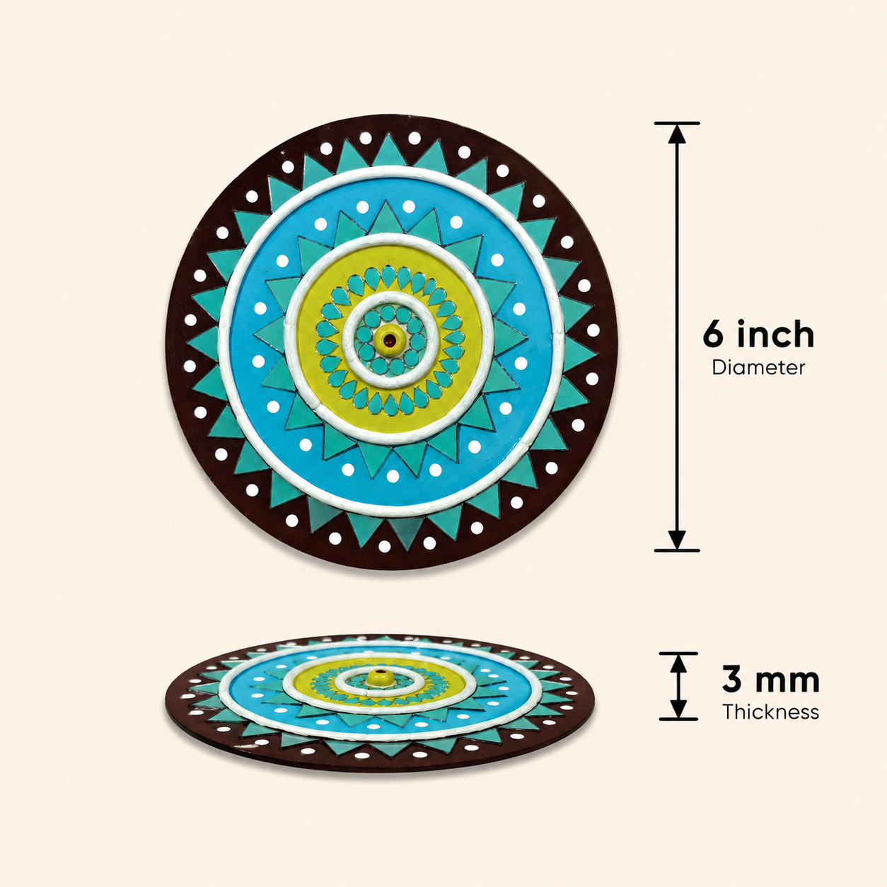 Handcrafted Lime & Sky Blue Sunburst Lippan Art (6-Inch MDF Base) – Modern Indian Mud & Mirror Work Mandala