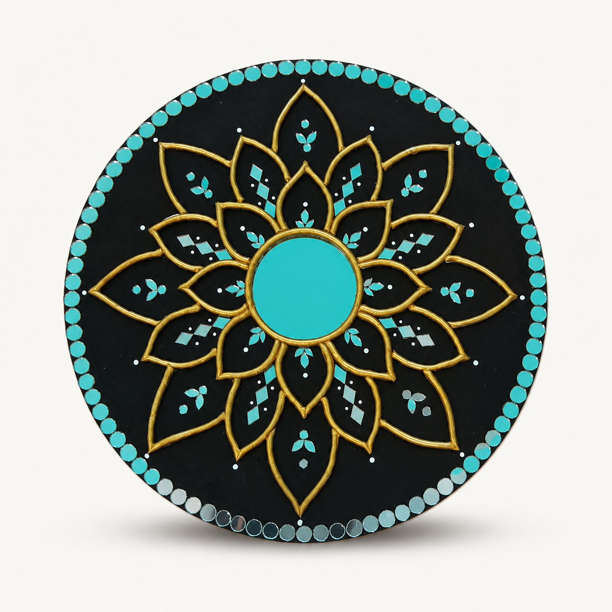 Handcrafted Black & Gold Lotus Mandala Lippan Art Wall Mirror (12-Inch MDF Base) – Premium Turquoise Mud-Mirror Work