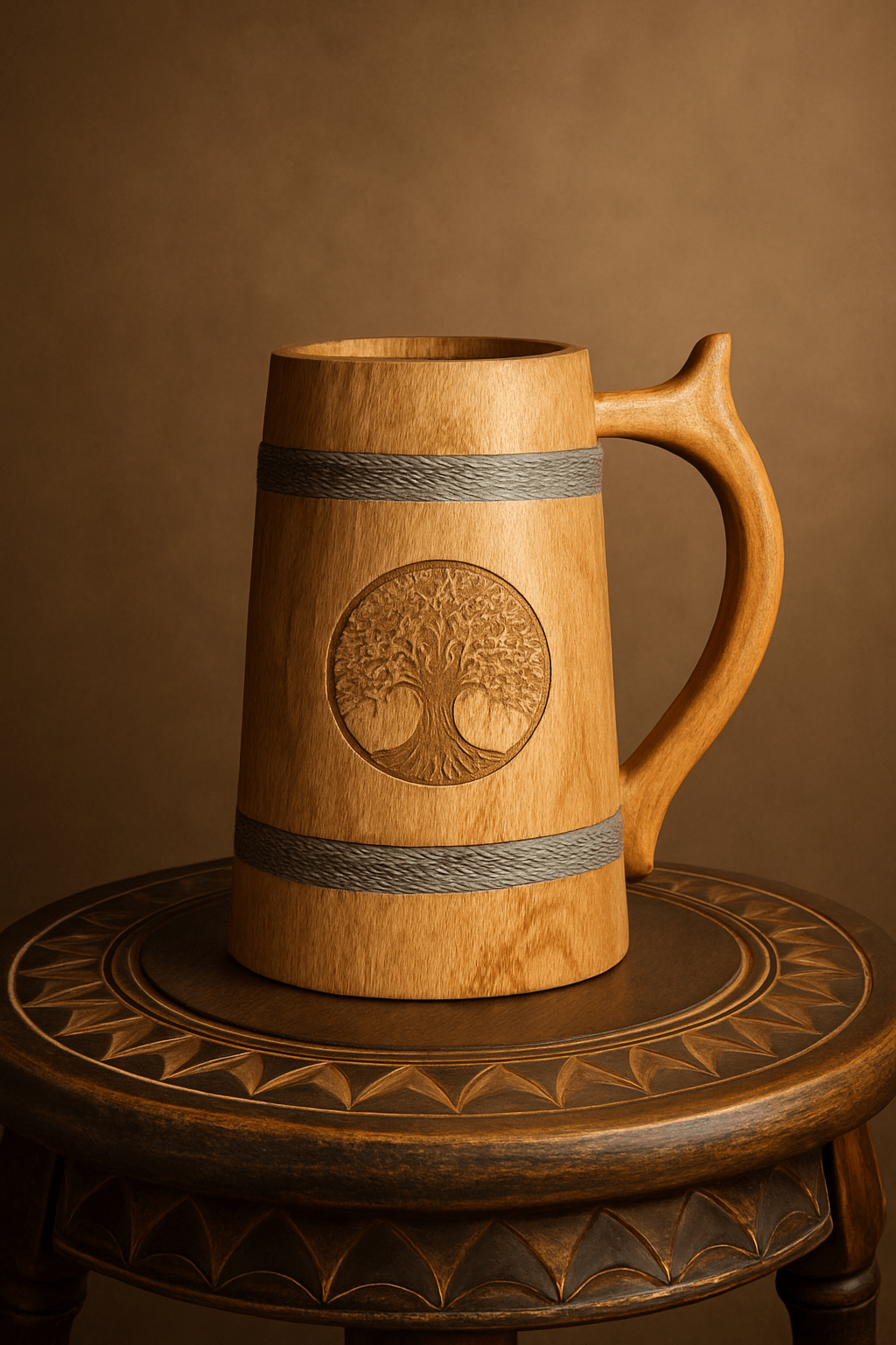Handcrafted Wooden Beer Stein – Tree of Life Carving Decorative Mug | Rustic Wood Display Piece