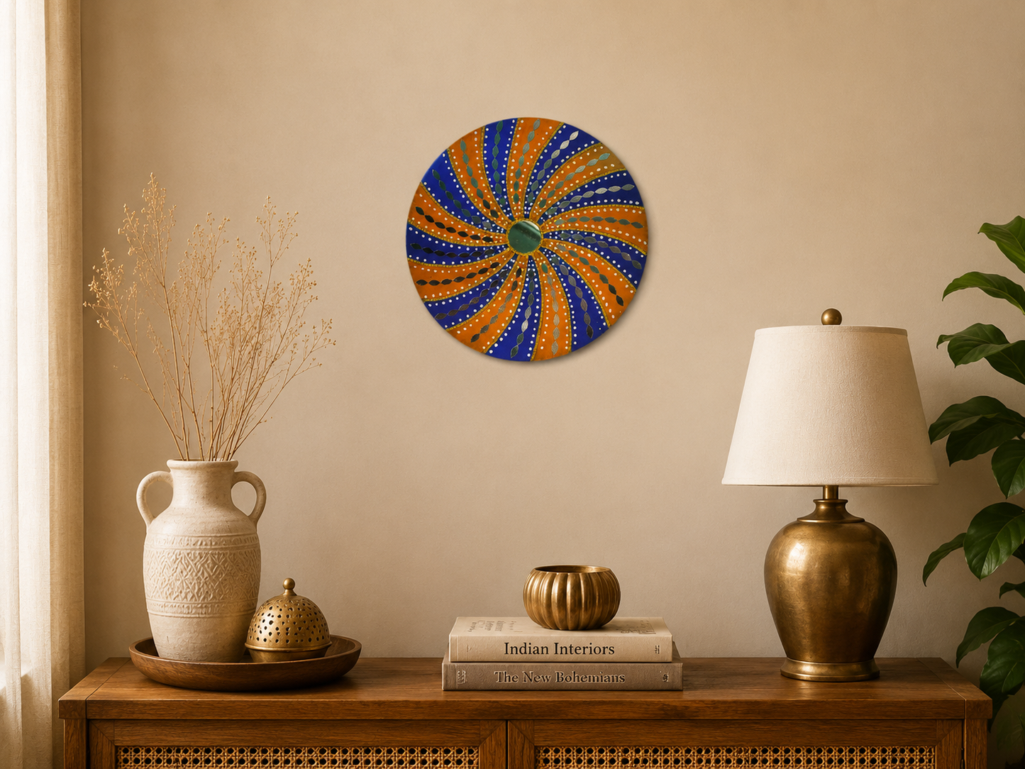 Handcrafted Royal Sunburst Lippan Art Wall Mirror (12-Inch MDF Base) – Vibrant Blue & Yellow Mud-Mirror Work