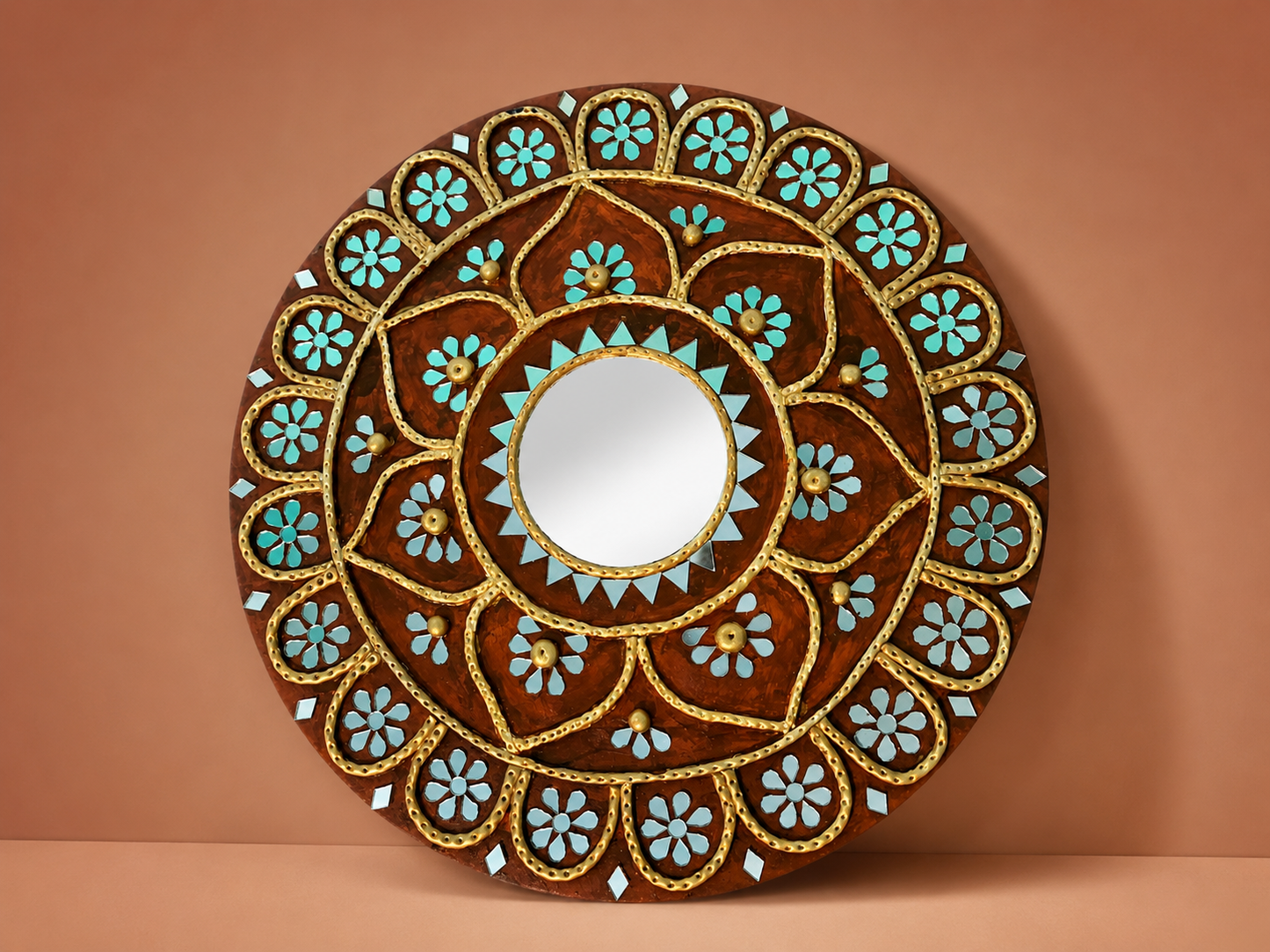 Handcrafted Floral Mandala Lippan Art Wall Mirror (10-Inch MDF Base) – Traditional Mud & Mirror Work