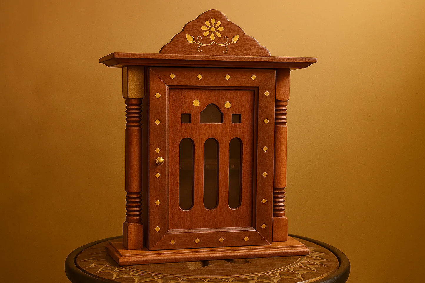 Handcrafted Wooden Key Holder Cabinet – Indian Temple Design Wall Organizer with Glass Door | Traditional Home Decor