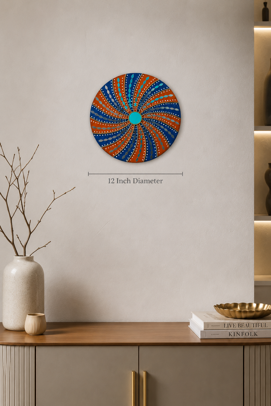 Handcrafted Royal Sunburst Lippan Art Wall Mirror (12-Inch MDF Base) – Vibrant Blue & Yellow Mud-Mirror Work