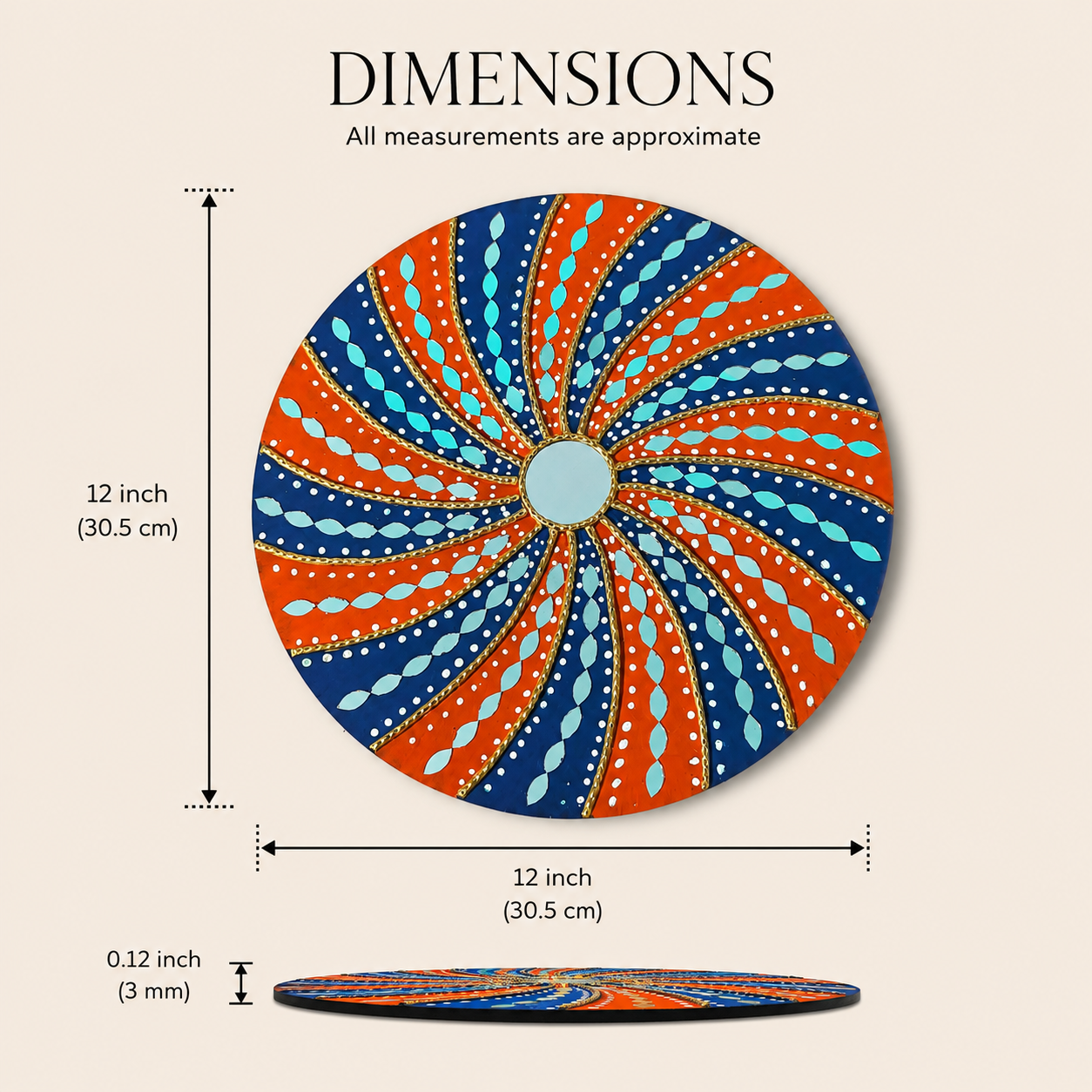 Handcrafted Royal Sunburst Lippan Art Wall Mirror (12-Inch MDF Base) – Vibrant Blue & Yellow Mud-Mirror Work
