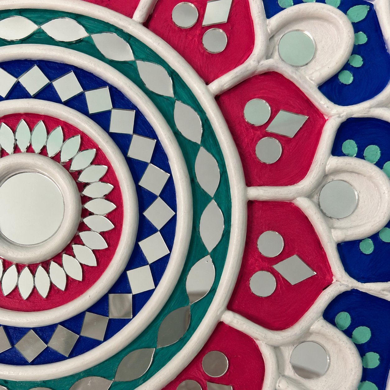 Handcrafted Royal Lotus Mandala Lippan Art Wall Mirror (10-Inch MDF Base) – Premium Crimson & Blue Mud-Mirror Work