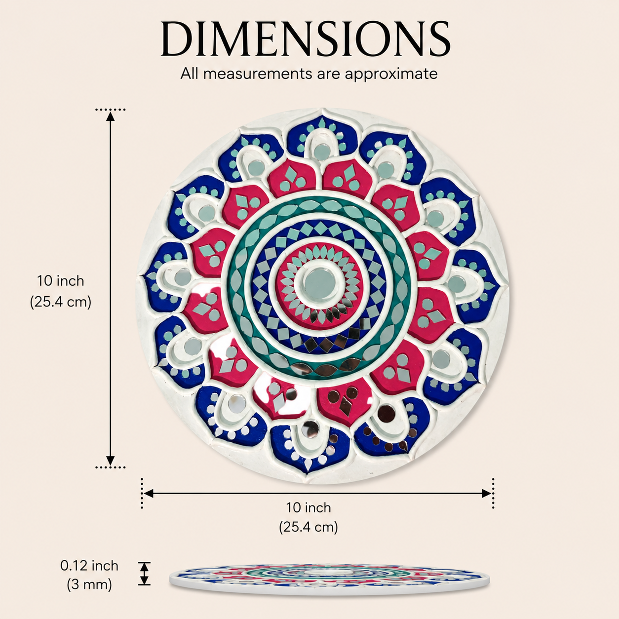 Handcrafted Royal Lotus Mandala Lippan Art Wall Mirror (10-Inch MDF Base) – Premium Crimson & Blue Mud-Mirror Work