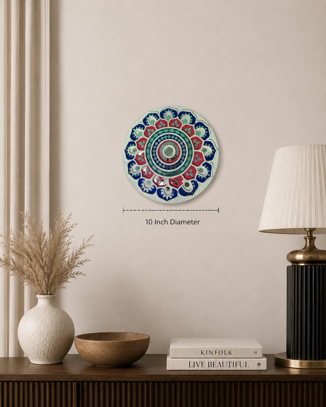 Handcrafted Royal Lotus Mandala Lippan Art Wall Mirror (10-Inch MDF Base) – Premium Crimson & Blue Mud-Mirror Work
