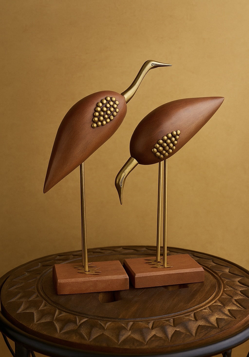 Handcrafted Wooden Bird Figurine Set – Modern Decor with Brass Accents | Sculptural Pair for Shelves & Tables