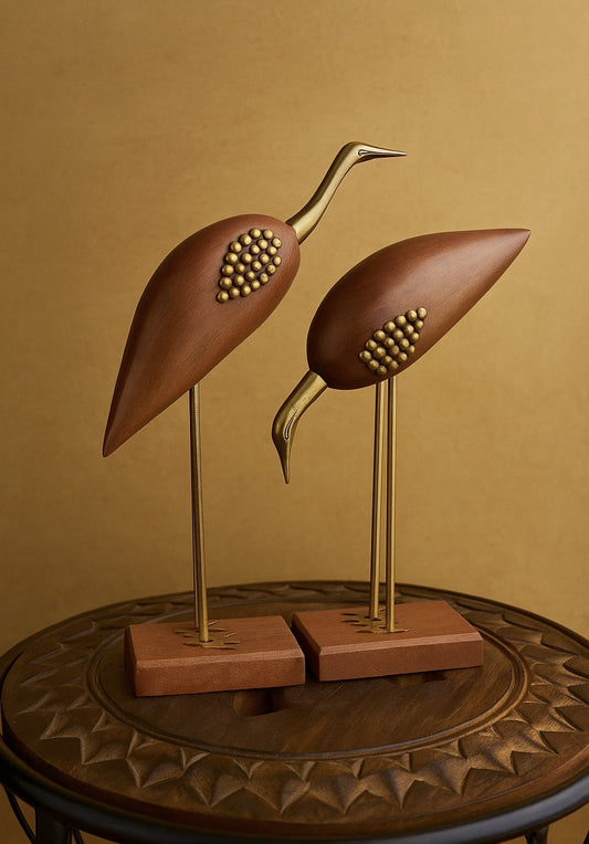Handcrafted Wooden Bird Figurine Set – Modern Decor with Brass Accents | Sculptural Pair for Shelves & Tables