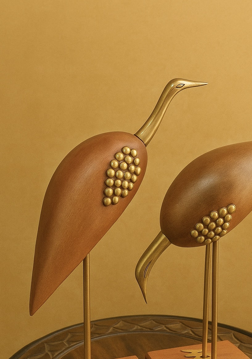 Handcrafted Wooden Bird Figurine Set – Modern Decor with Brass Accents | Sculptural Pair for Shelves & Tables
