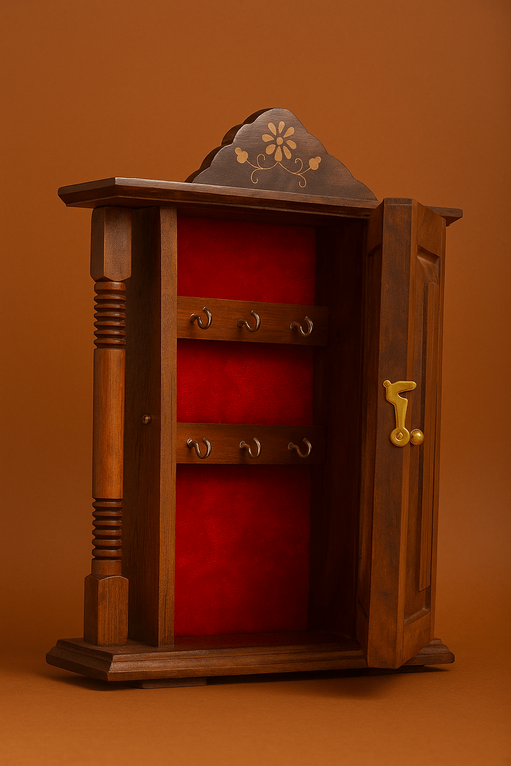 Handcrafted Wooden Key Holder Cabinet – Indian Temple Design Wall Organizer with Glass Door | Traditional Home Decor
