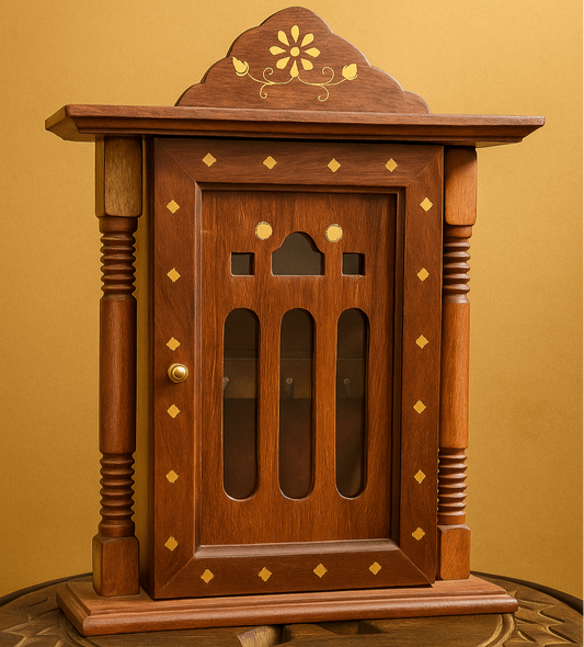 Wooden decorative cabinet with intricate designs on a yellow background