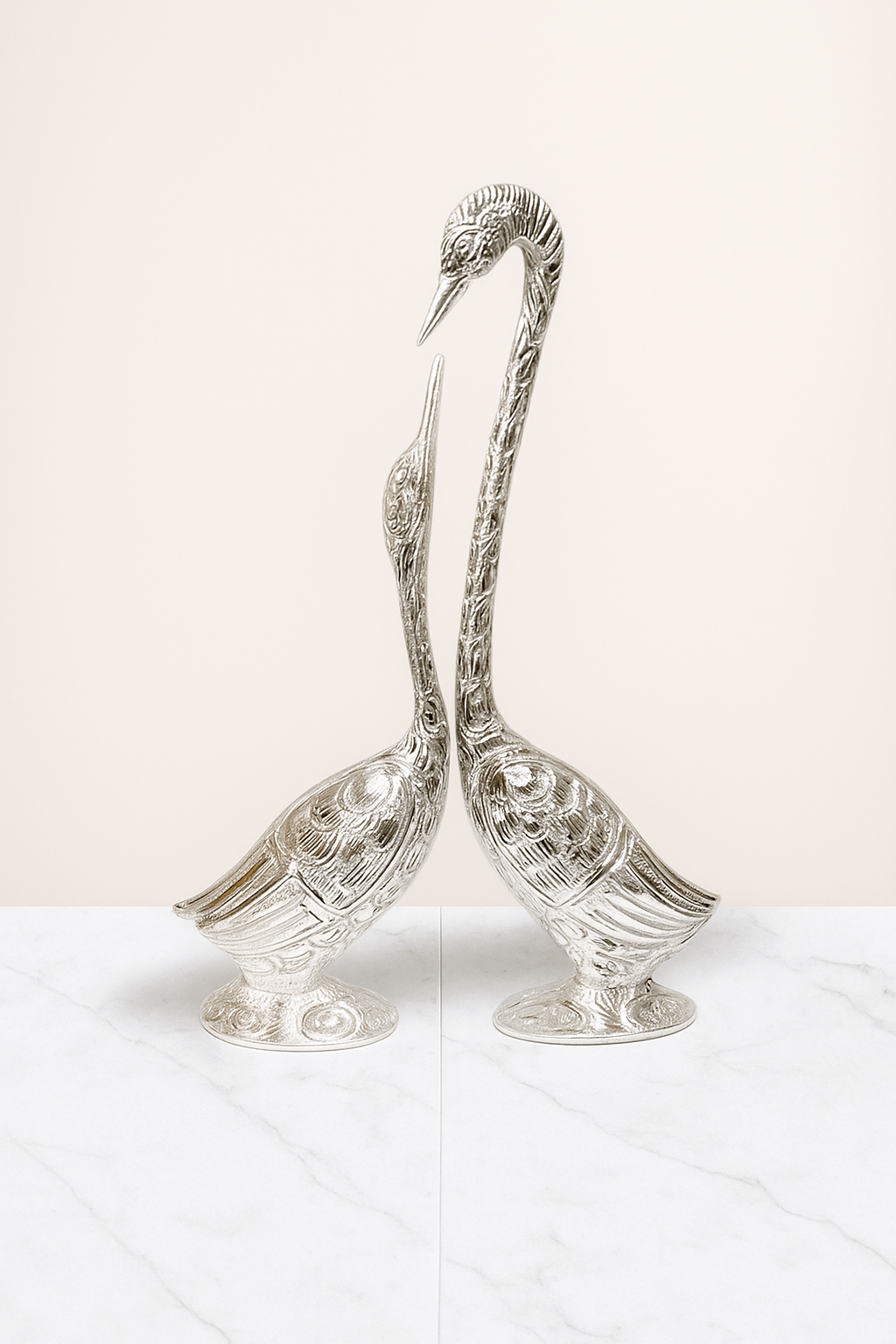 Handcrafted Aluminum Crane Statue Pair – Silver Metal Bird Sculptures for Home Decor | Elegant & Modern