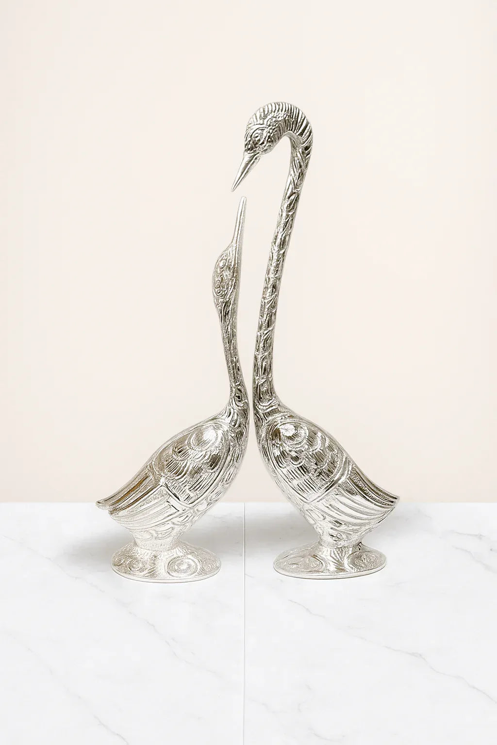 Handcrafted Aluminum Crane Statue Pair – Silver Metal Bird Sculptures for Home Decor | Elegant & Modern