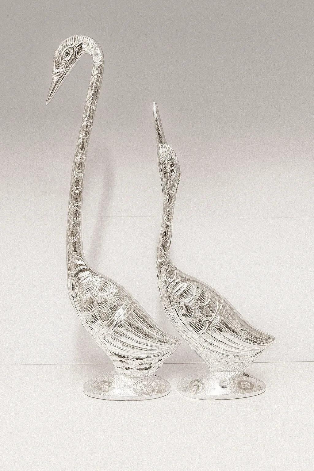 Handcrafted Aluminum Crane Statue Pair – Silver Metal Bird Sculptures for Home Decor | Elegant & Modern