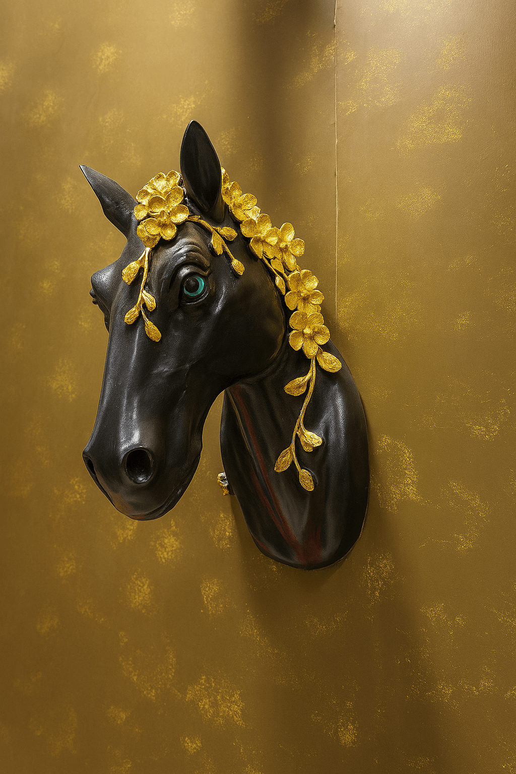 Elegant Horse Head Wall Decor – Black Resin Sculpture with Golden Floral Crown | Modern Equestrian Wall Art