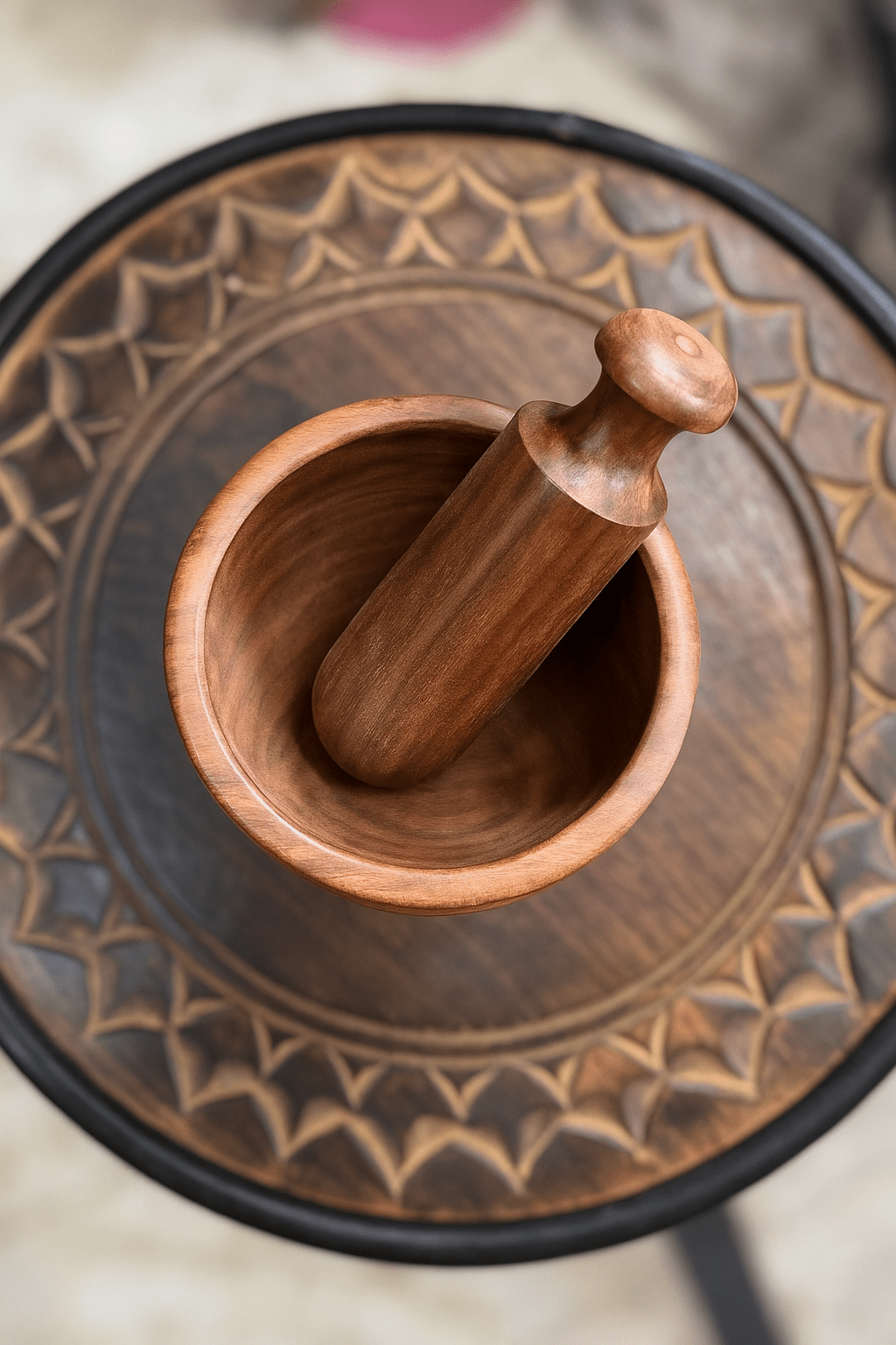 Hand-Carved Wooden Mortar and Pestle Set – Indian Spice Grinder for Kitchen | Rustic Herb Crushing Bowl