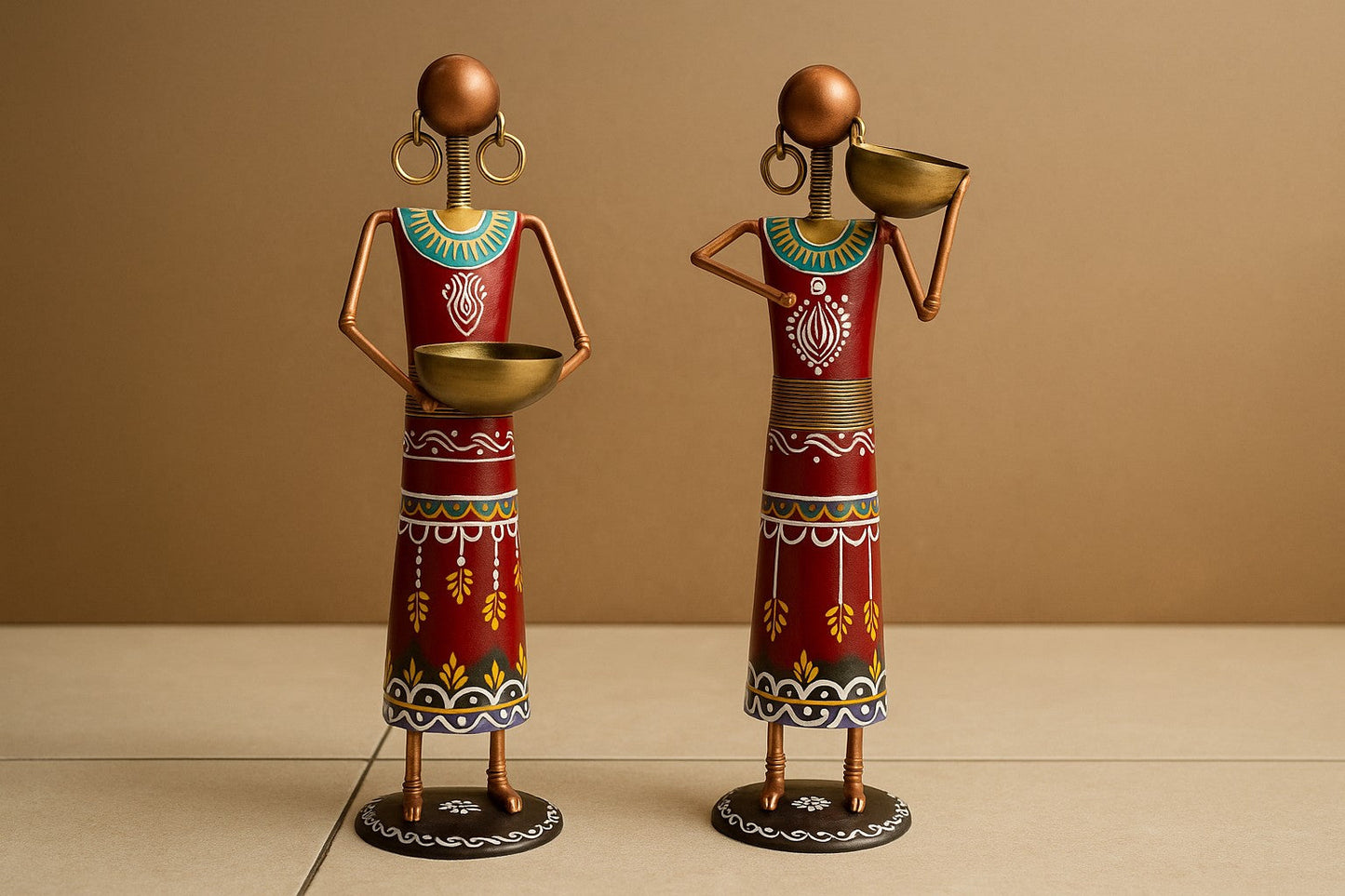 Handcrafted NREGA Tribal Metal Figurines – Set of 4 Working Women with Bowls – Indian Folk Art Decorative Showpieces