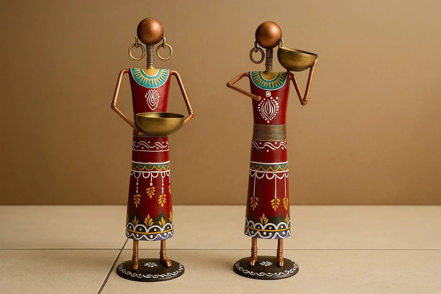 Handcrafted NREGA Tribal Metal Figurines – Set of 4 Working Women with Bowls – Indian Folk Art Decorative Showpieces