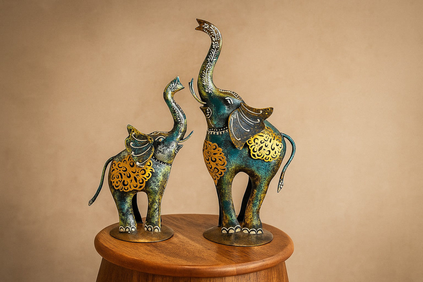 Handcrafted Metal Elephant Pair - Indian Decor Figurines for Home, Office, or Gift | Antique Patina Finish