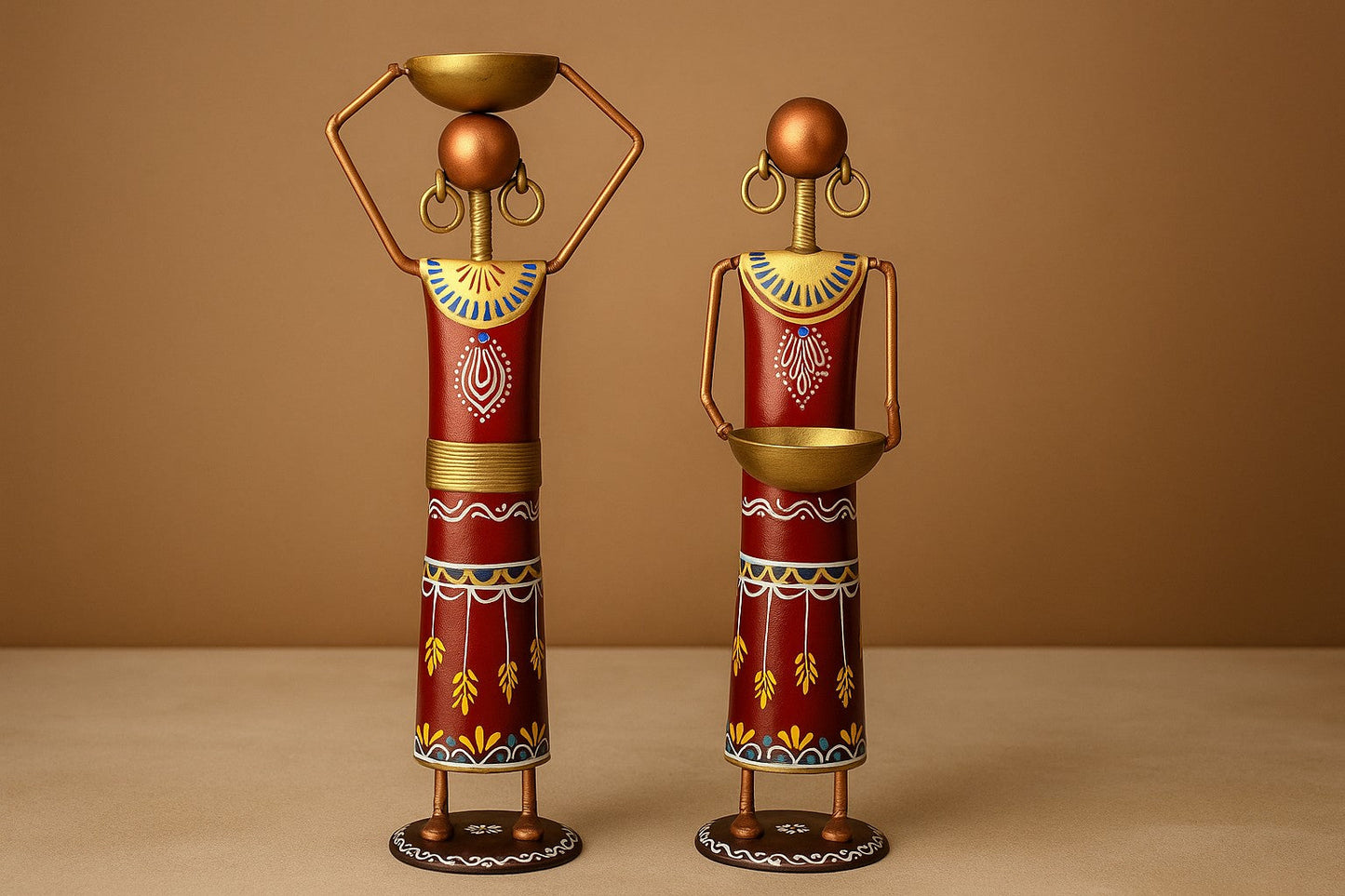 Handcrafted NREGA Tribal Metal Figurines – Set of 4 Working Women with Bowls – Indian Folk Art Decorative Showpieces