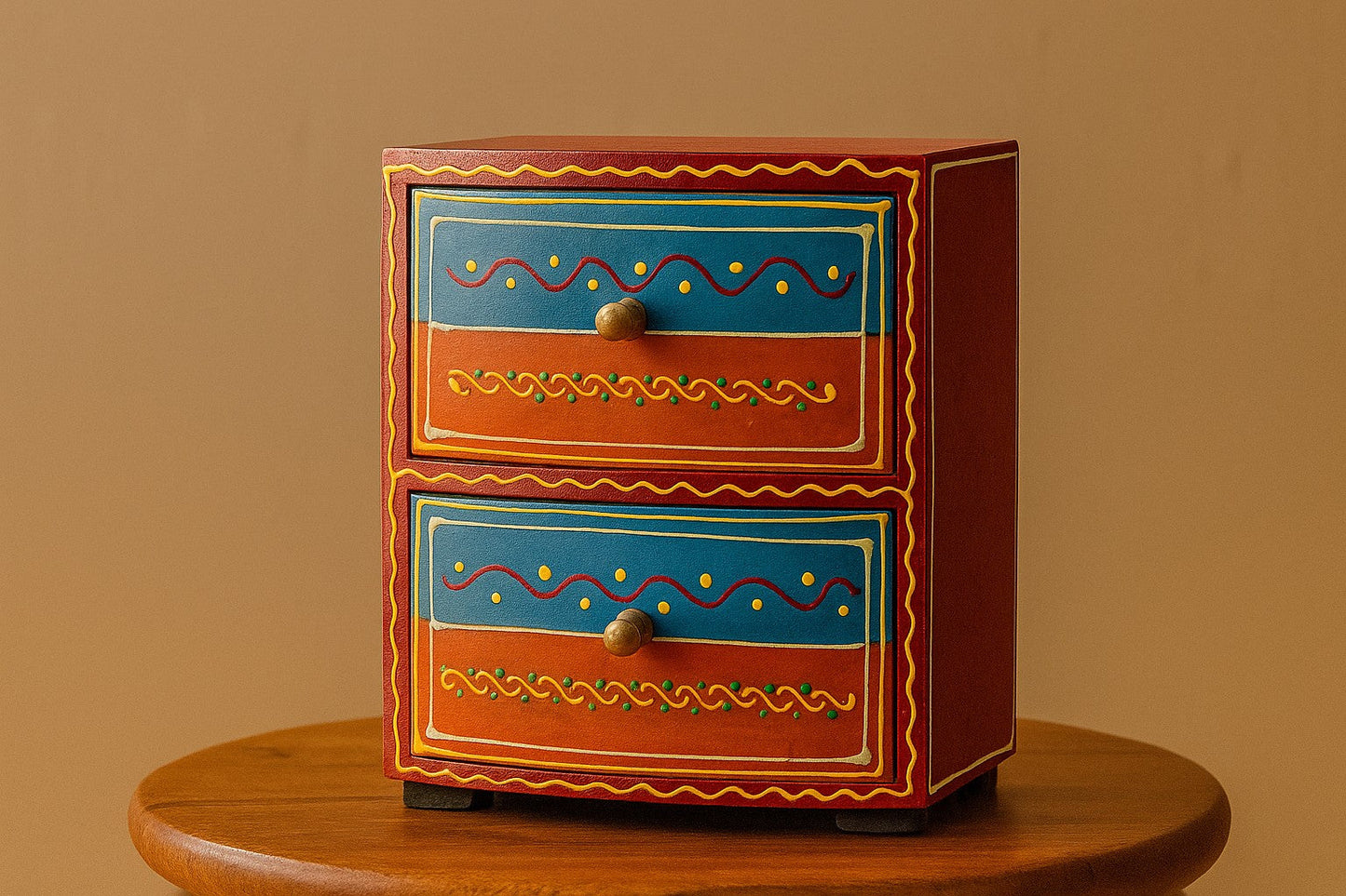 Hand-Painted Mini Wooden Chest with 2 Drawers β Colorful Rajasthani Boho Jewelry Organizer & Tabletop Storage Box