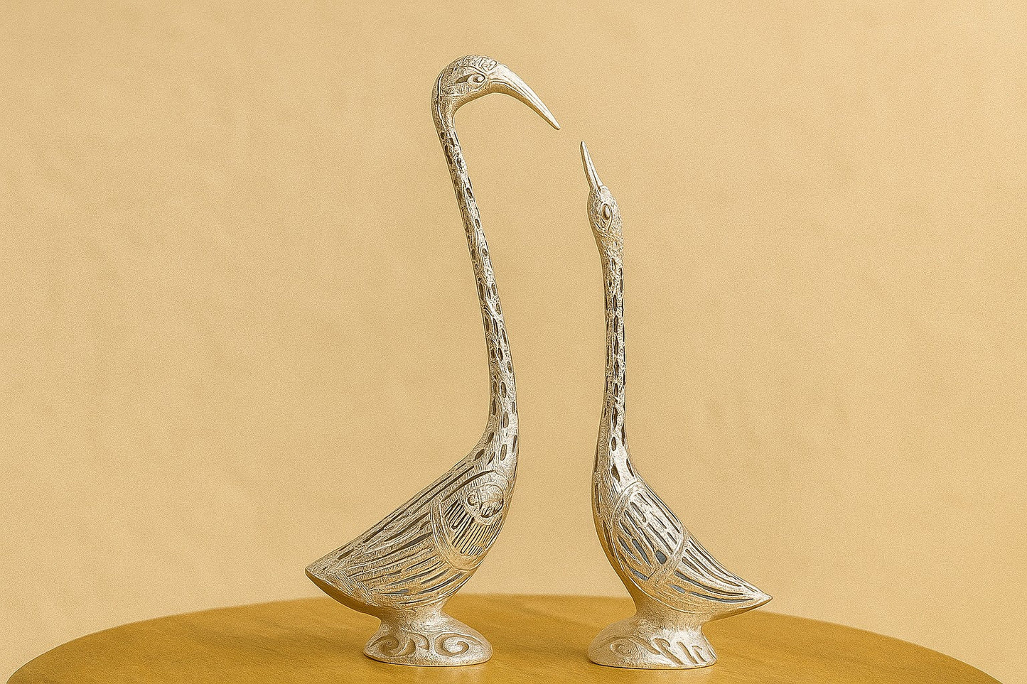 Handcrafted Aluminum Crane Statue Pair – Silver Metal Bird Sculptures for Home Decor | Elegant & Modern