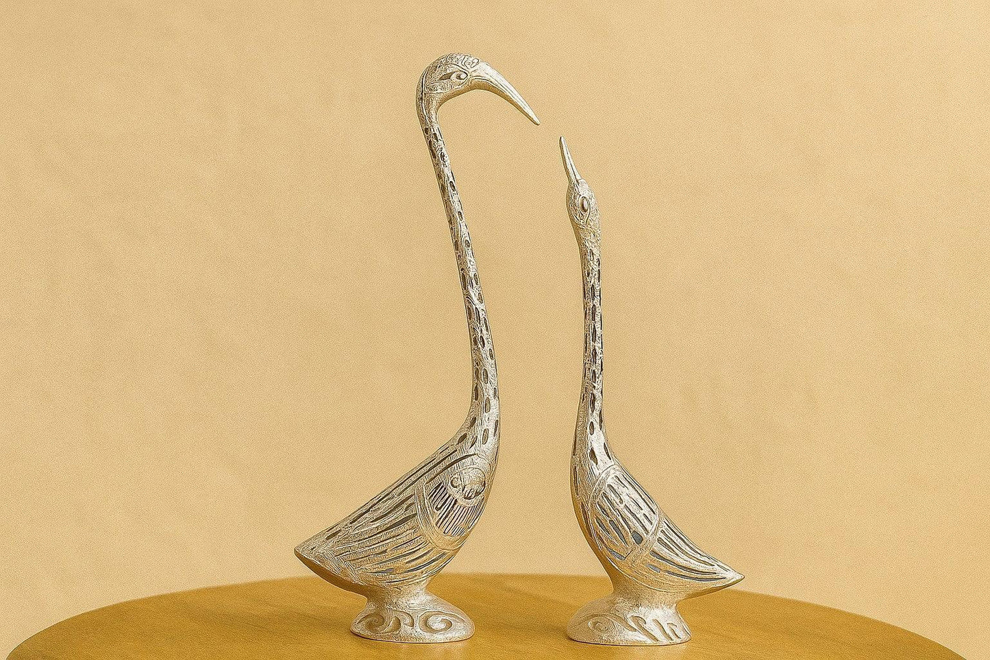 Handcrafted Aluminum Crane Statue Pair – Silver Metal Bird Sculptures for Home Decor | Elegant & Modern