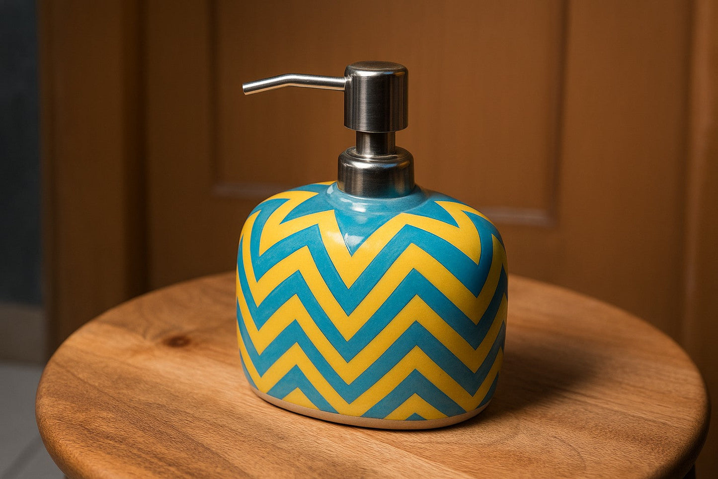 Handcrafted Ceramic Soap Dispenser – Modern Zigzag Design | Indian Artisan Bathroom & Kitchen Decor