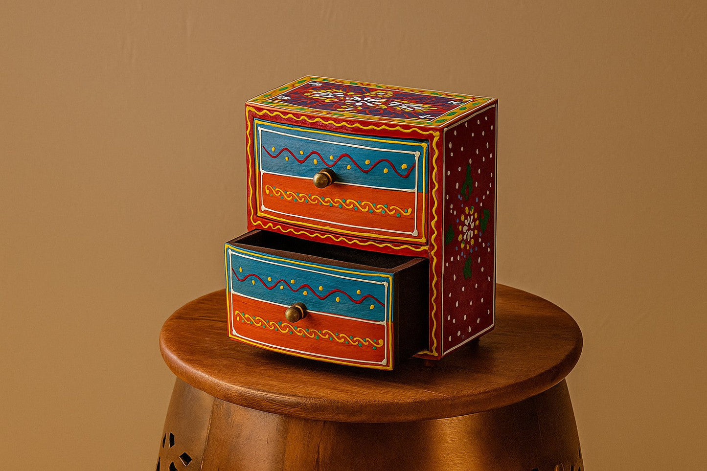 Hand-Painted Mini Wooden Chest with 2 Drawers β Colorful Rajasthani Boho Jewelry Organizer & Tabletop Storage Box