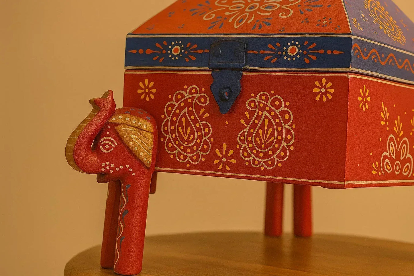 Hand-Painted Wooden 4 Elephant Storage Box – Traditional Rajasthani Folk Art – Indian Handicraft Jewelry Box
