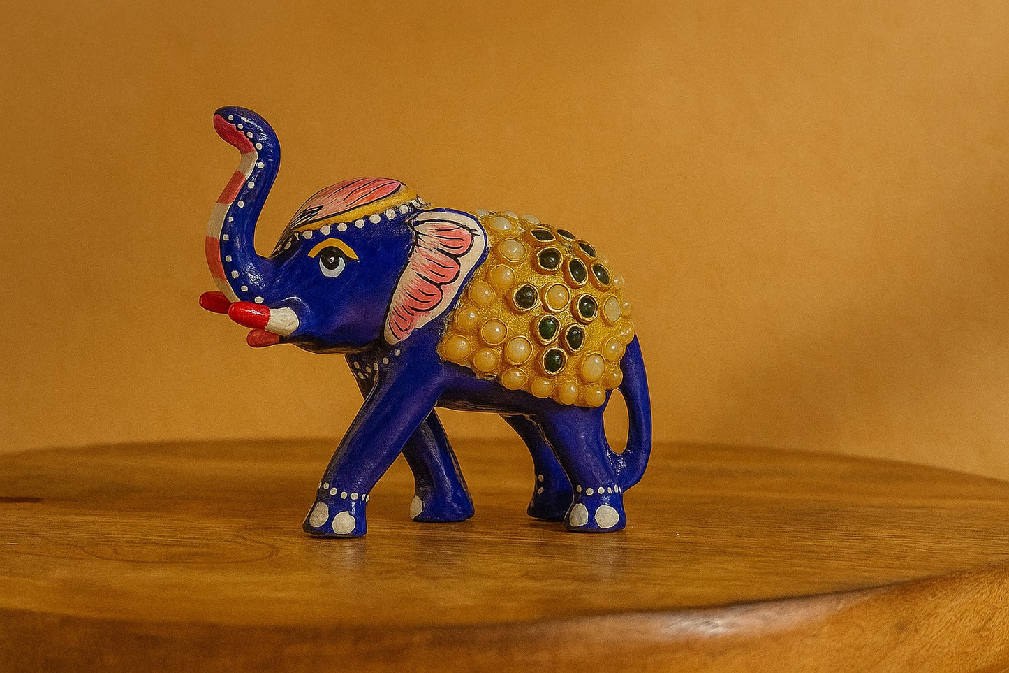Handcrafted Brass Elephant with Meenakariwel Work – Blue & Gold Decorative Figurine – Ethnic Gifting & Home Accent