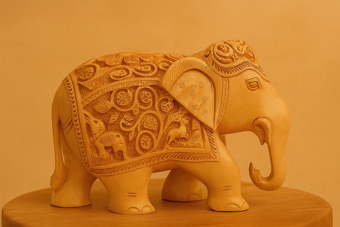 Hand-Carved Wooden Elephant Statue – Intricate Tribal Motif Carving – Traditional Indian Handicraft Home Decor