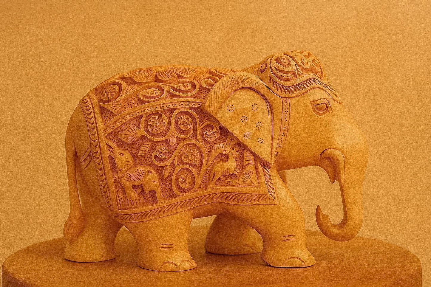 Hand-Carved Wooden Elephant Statue – Intricate Tribal Motif Carving – Traditional Indian Handicraft Home Decor