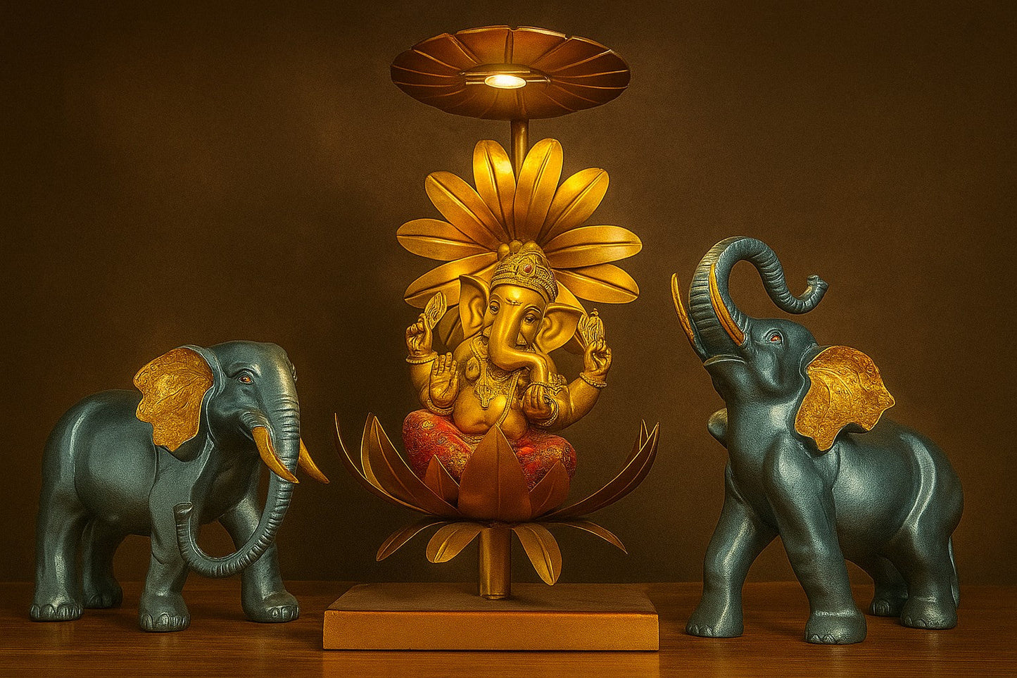 Handcrafted Ganesha Idol with LED Lotus Lamp & Elephant Set – Indian Home Altar Decor & Spiritual Gift