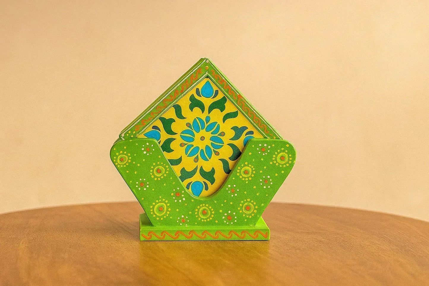 Hand-Painted Wooden Tea Coaster Set with Blue Pottery Art – 4 Coasters with Stand – Ceramic Style Floral Design