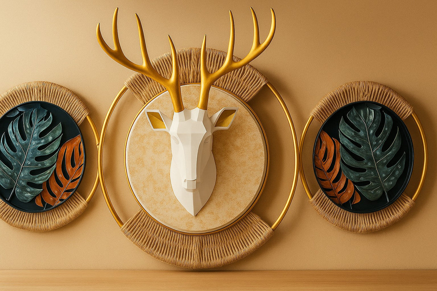 Illuminated Modern Wall Art – Resin & Metal Deer Head with LED Backlight & Tropical Leaves