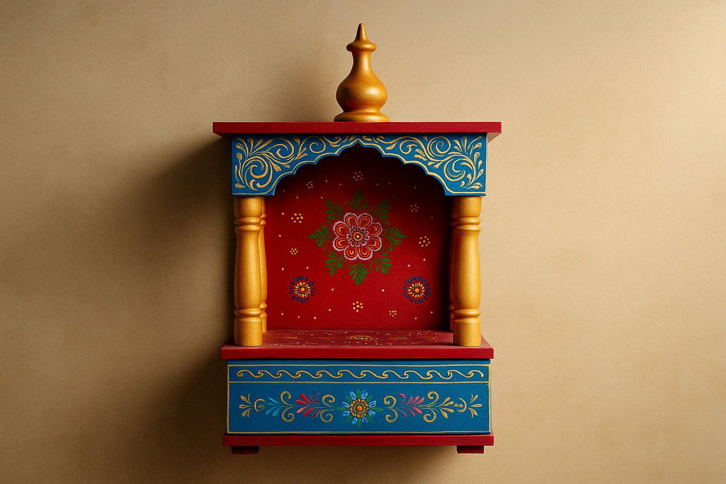 Hand-Painted Wooden Temple for Home – Traditional Wall-Mounted Pooja Mandir