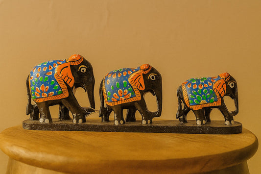 Handcrafted Wooden Elephant Family Figurine – Indian Folk Art Decor Set | Good Luck Home Accent & Gift