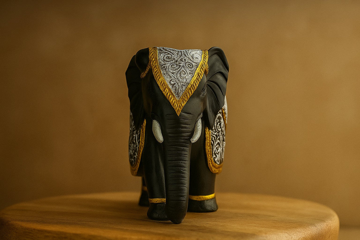 Resin Elephant Figurine – Black & Gold with Embossed Silver Detailing – Premium Home Decor Statue