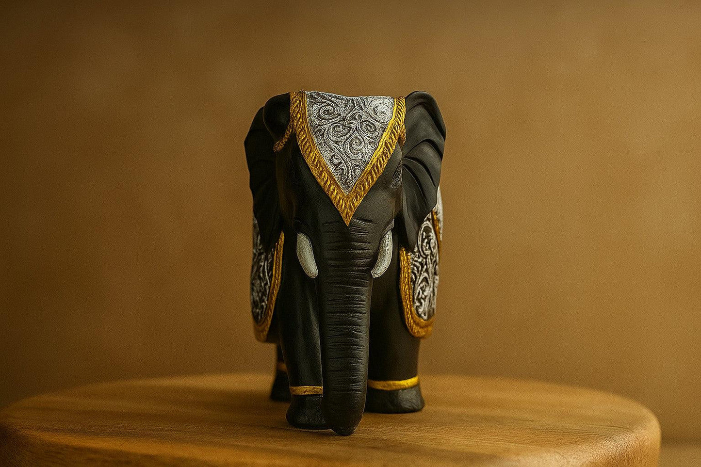 Resin Elephant Figurine – Black & Gold with Embossed Silver Detailing – Premium Home Decor Statue