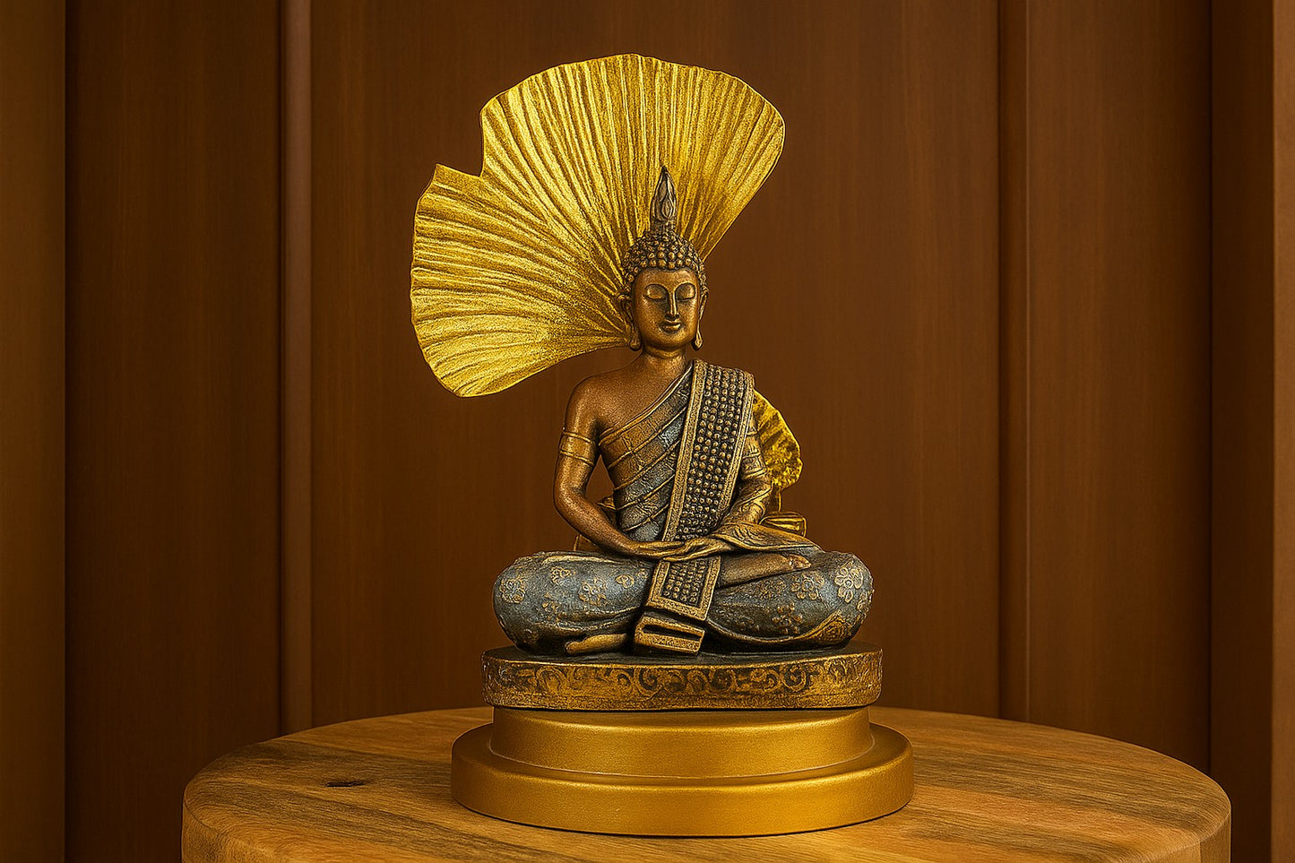 Metal Lord Buddha Statue Sitting Under Tree โ Antique Finish Meditating Buddha Idol for Home & Office Decor