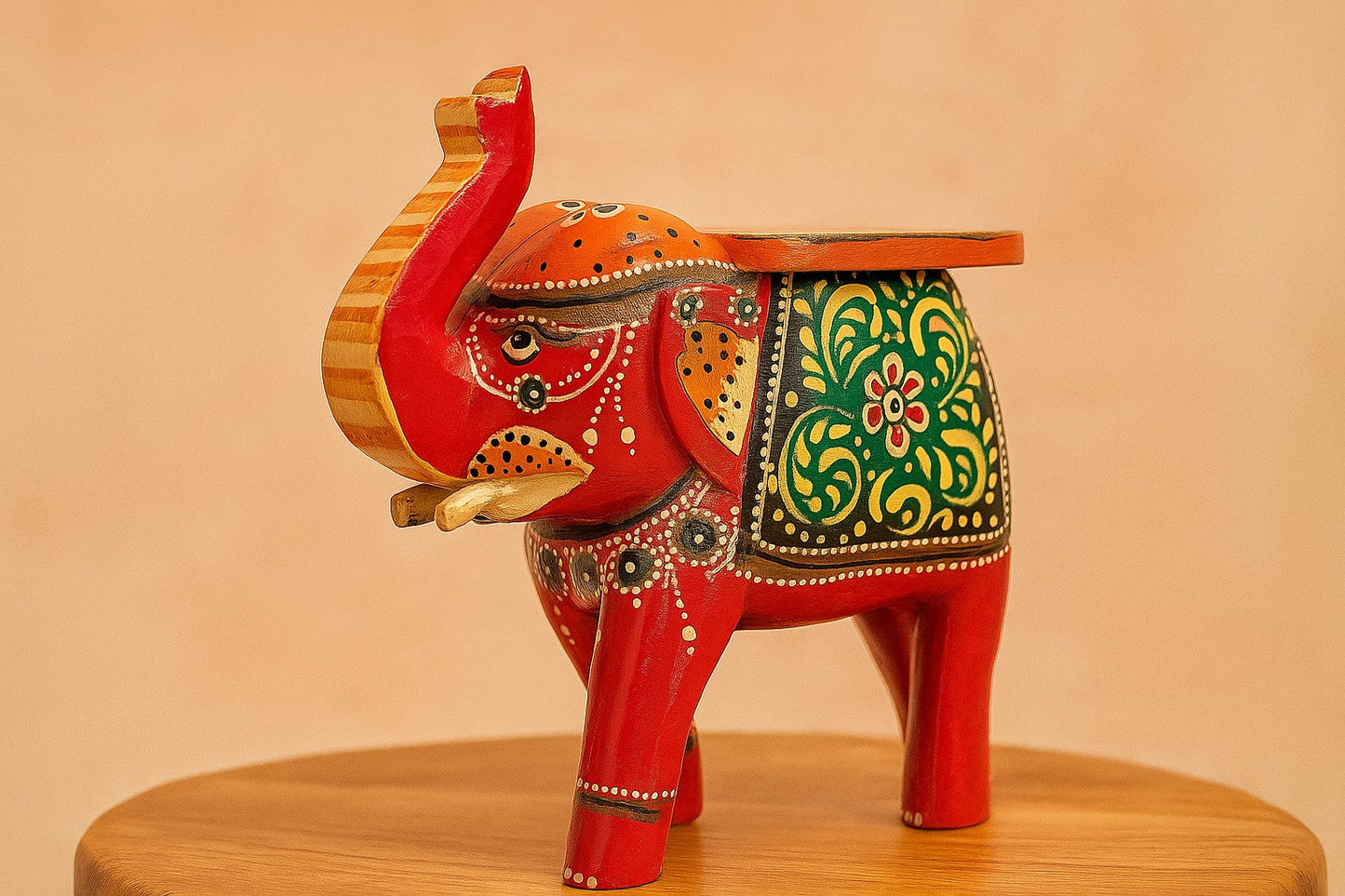 Handpainted Wooden Elephant Stool Indian Rajasthani Art – Decorative Mini Stand for Home & Gifts – Vibrant Folk Design Accent Furniture
