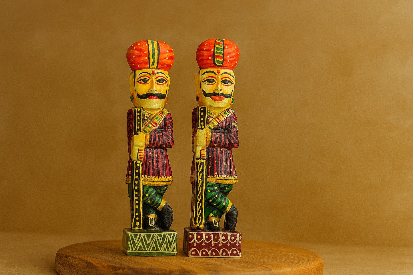 Rajasthani Wooden Royal Guard Statues – Handcrafted Decorative Pair – Ethnic Indian Home Decor Showpiece